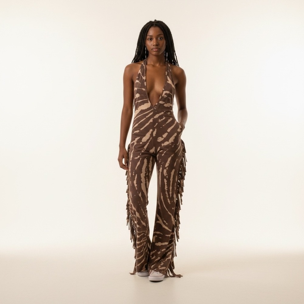 Halter Fringe Jumpsuit Women XL Brown Zebra Print Festival Boho